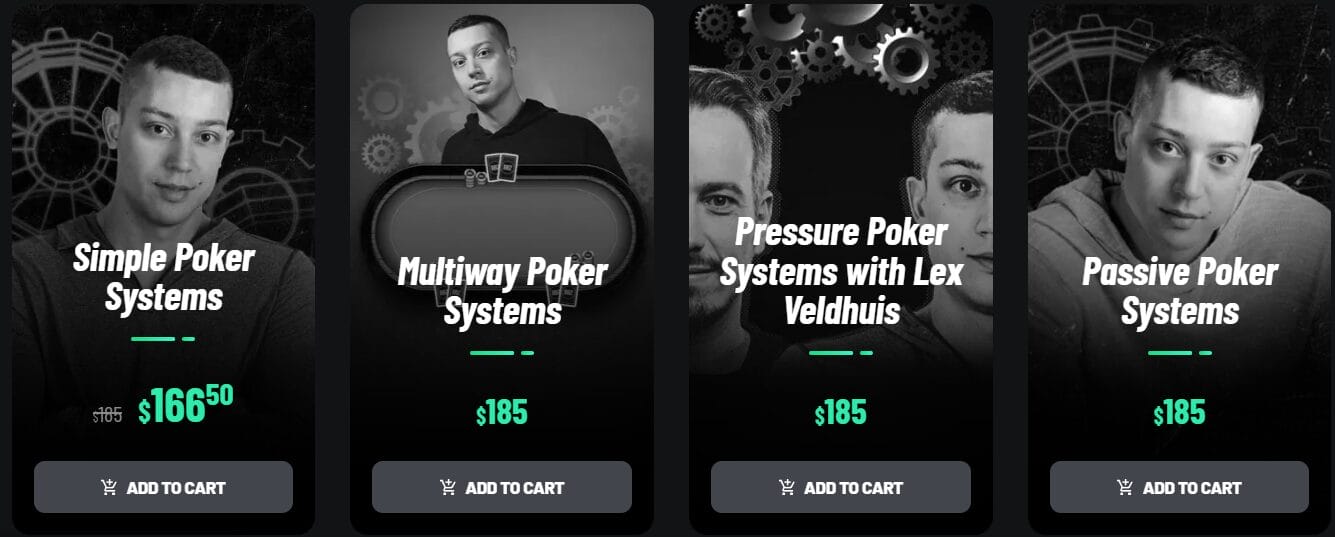 BBZ Courses catalog including Simple Poker Systems, Multiway Poker Systems, Pressure Poker with Lex Veldhuis, and Passive Poker Systems.
