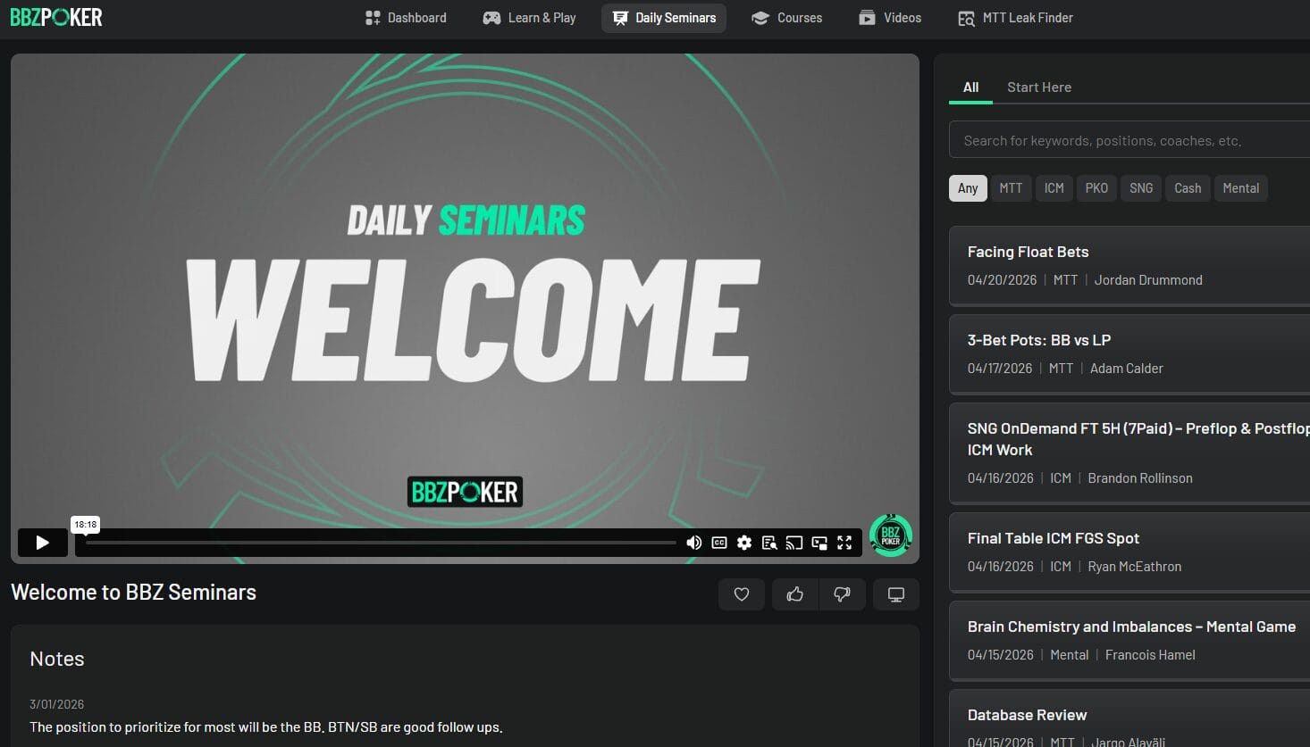 BBZ Daily Seminars video player with the upcoming seminar lineup in the sidebar.